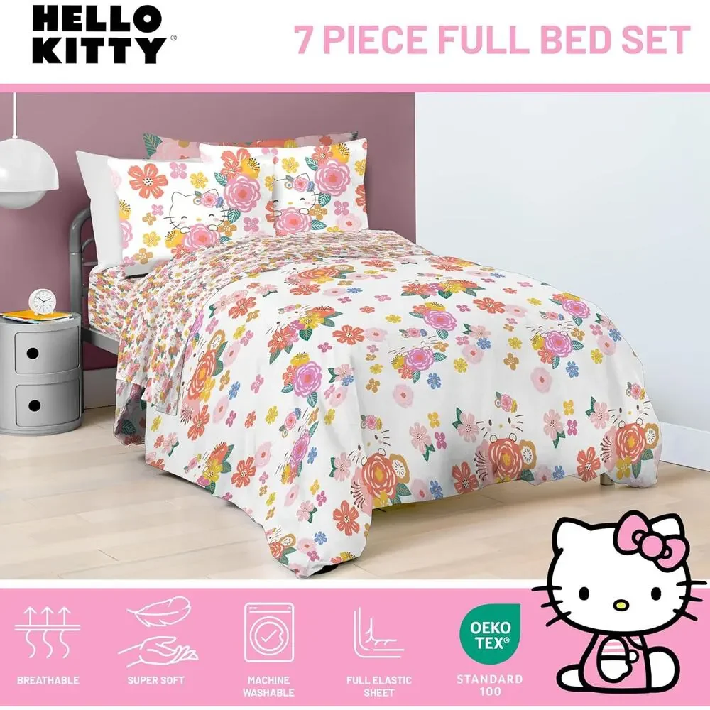 NEW Jay Franco Hello Kitty Floral Full Double Comforter Set 7 Piece Bedding Set